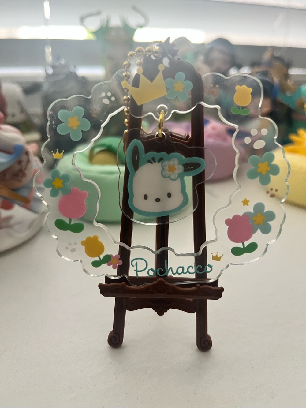 Sanrio Pochacco Pastel Floral Charm Packaging — Pink, White, Gold